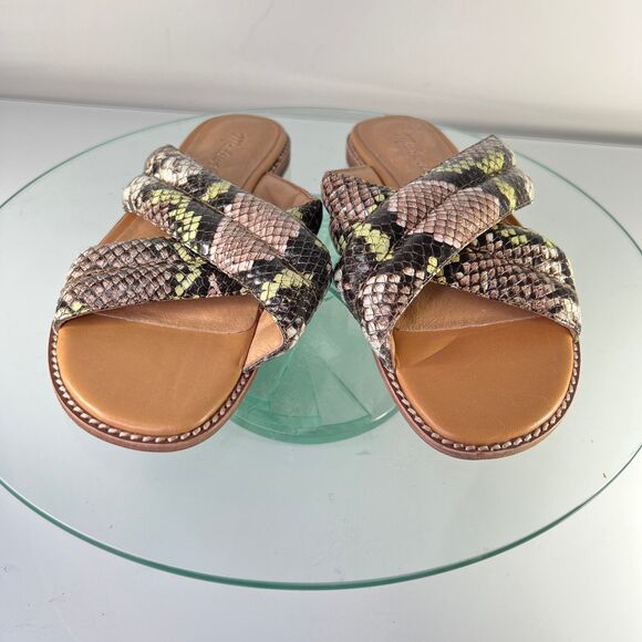 Madewell skyler slide sandals snake print leather brown green cross strap - Picture 2 of 6